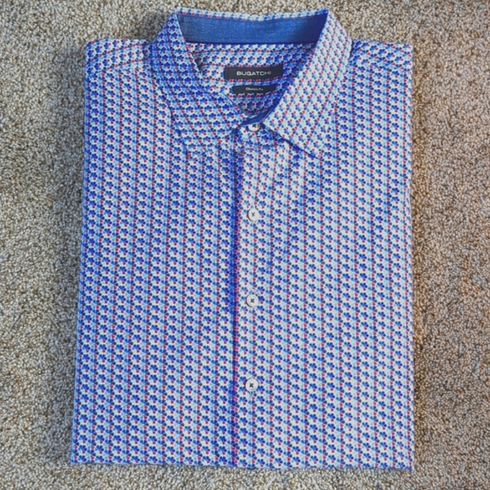 Bugatchi men's XXL blue and red geometric floral casual long sleeve shirt
